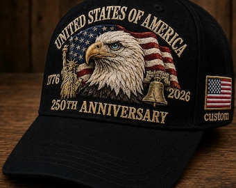 USA 250th Anniversary Hat Embroidered Eagle 1776 2026 Patriotic Cap, Navy Blue Black Red Khaki Wash Out Denim Veteran Made in USA Gift