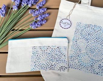 Sashiko Tote Bag and Clutch Set, Hand-Embroidered