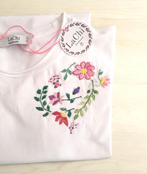 T-shirt With Hand-embroidered Colorful Flowers - Etsy Canada