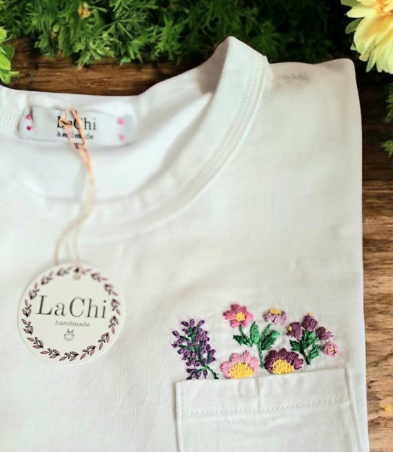 Hand-embroidered Flower T-shirt, Which Peeks Out From the Pocket