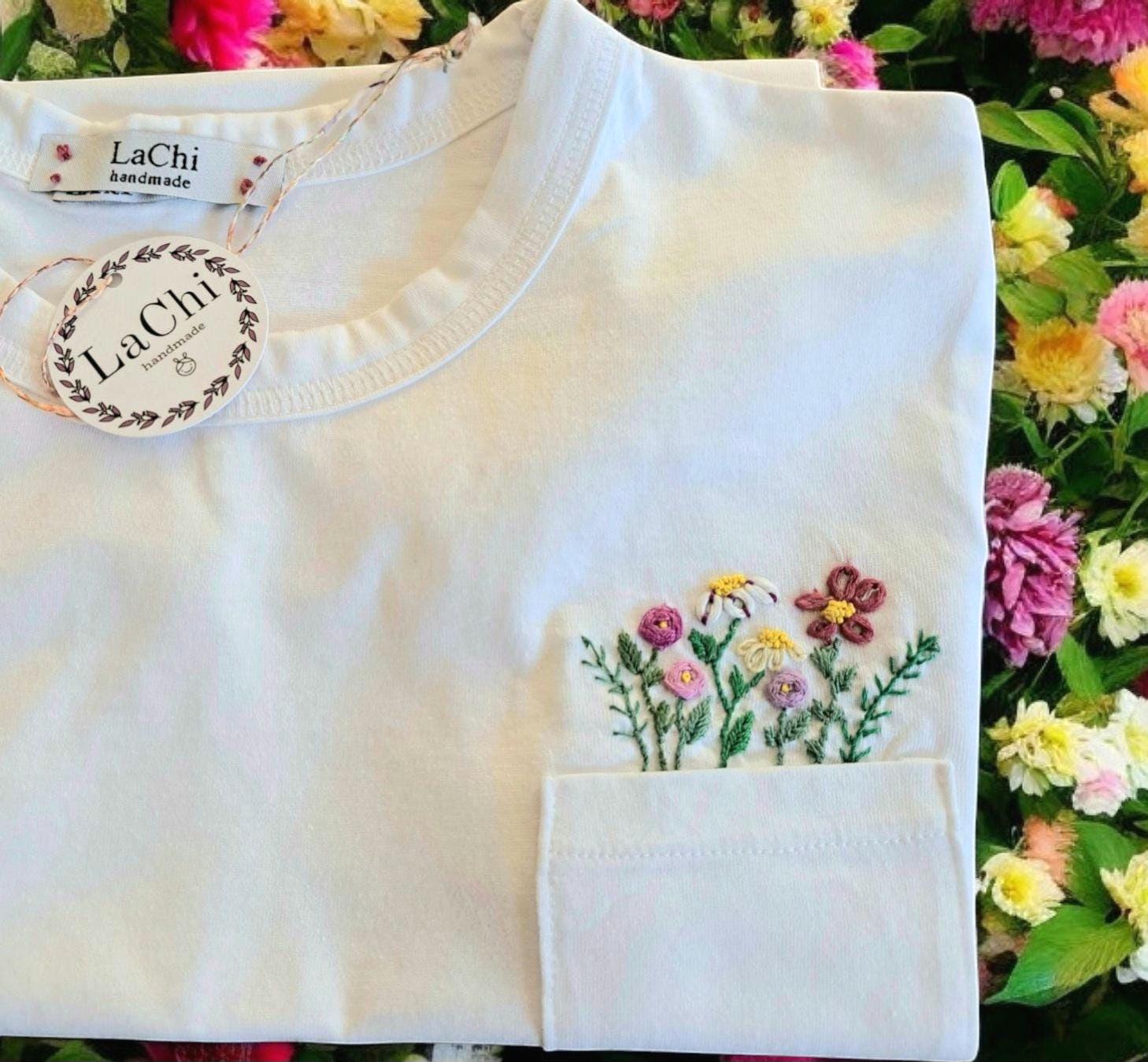 T-shirt With Hand-embroidered Flowers Emerging From the Pocket. - Etsy