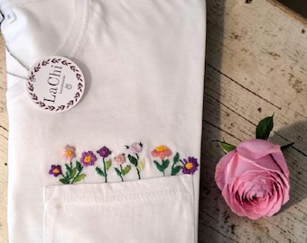Hand Embroidered Floral Pocket Shirt – Tiny Flowers Blooming From