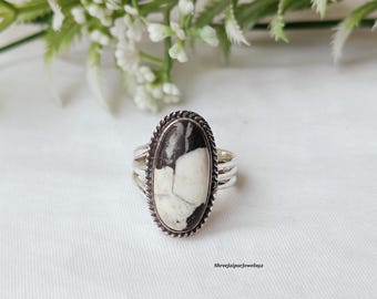 Sterling Silver White Buffalo Turquoise Ring, Beaded Boho Gemstone
