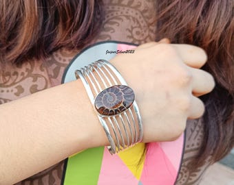 Handmade Sterling Silver Ammonite Fossil Bangle - Adjustable Cuff Bracelet