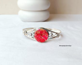 Red Sea Sediment Jasper Bangle, 925 Sterling Silver Bangle, Handmade Bangle, Gift for Her, Natural Ring,  Red Ring, Valentine's Day Gift, **