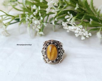 Tiger Eye Gemstone Ring: Sterling Silver Boho Band