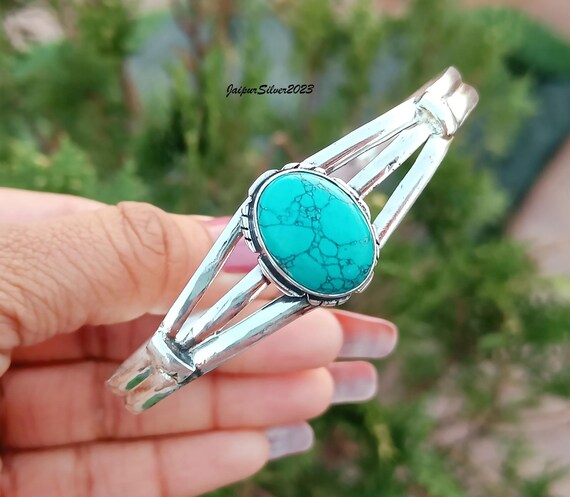 Blue Turquoise Sterling Silver Bangle: Handmade Boho Jewelry - Etsy