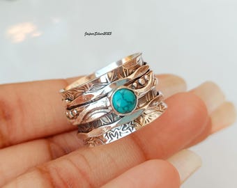 Blue Turquoise Spinner Ring: Handmade 925 Sterling Silver, Boho Style