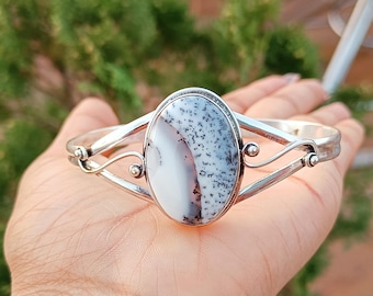 Dendritic Opal Bangle: Handmade 925 Sterling Silver Boho Bracelet