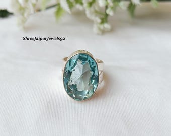 Handmade Oval Aquamarine Ring, 925 Sterling Silver, Boho Cocktail Jewelry