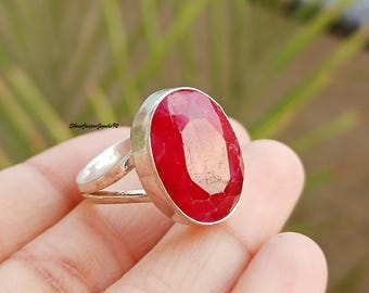 ハンドメイドルビー925スターリングシルバーリング - 宝石の結婚指輪