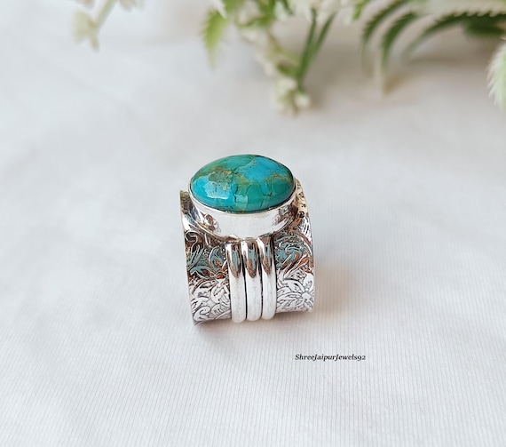 Handcrafted Kingman Turquoise Ring, 925 Sterling Silver Handmade Wide Band Ring, Boho Vintage Style Jewelry, Artisan Silver Statement Ring