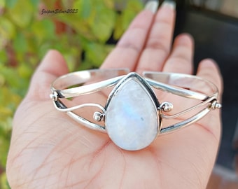 Sterling Silver Moonstone Bangle, Boho Hippie Designer Jewelry