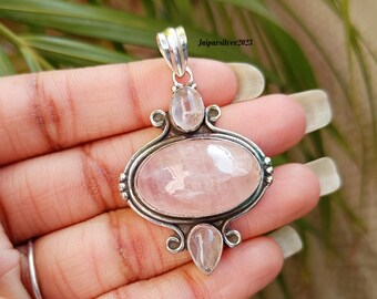 Rose Quartz Pendant, 925 Sterling Silver Pendant Necklace, Handmade Gemstone Pendant, Boho Pendant, Pendant For Women,Anniversary Gift Idea