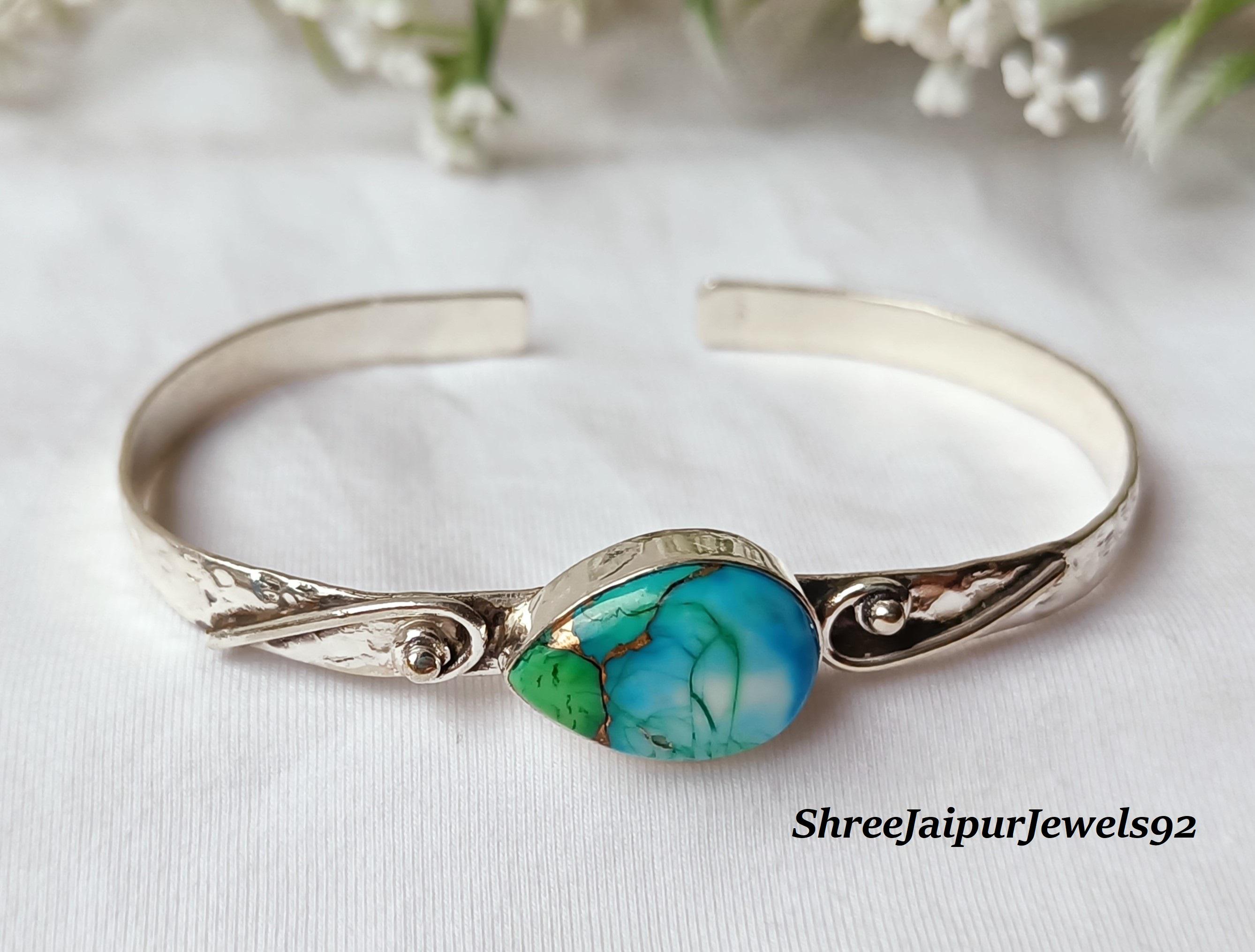 Peacock Dahlia Turquoise Bangle, Sterling Silver, Boho Cuff