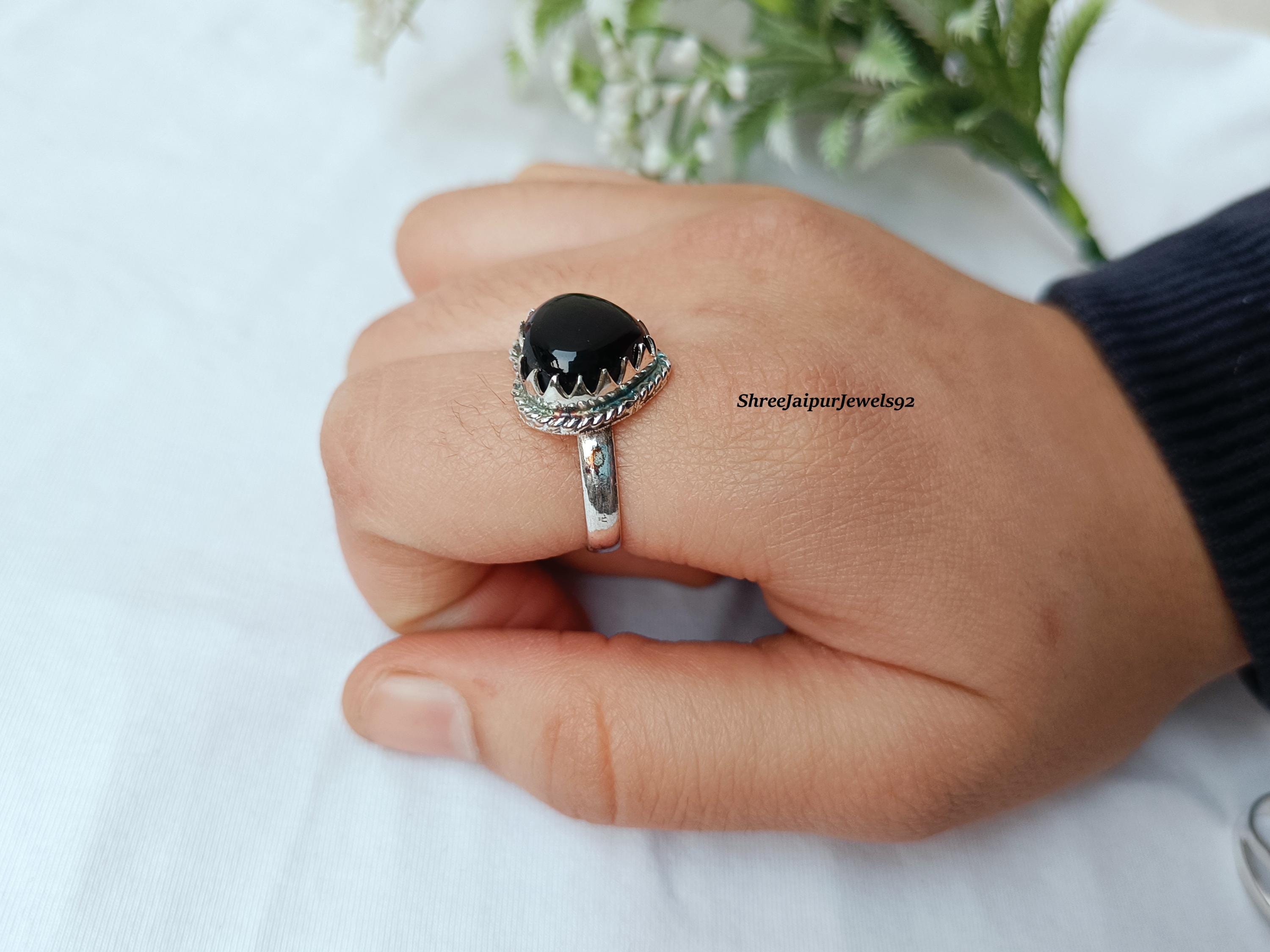 ブラックオニキスハートリング、925スターリングシルバー、ボヘミアン
