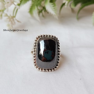 Handmade Hematite Rectangle Ring, Sterling Silver Boho Statement Jewelry