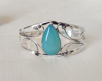 Aqua Chalcedony Bracelets, Adjustable Bracelets Bangle Halloween Bracelets 925 Sterling Silver Aqua Bead Gemstone Women Wedding Gift Jewelry