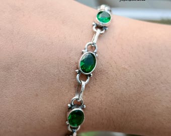 Handmade Emerald 925 Sterling Silver Bracelet - Adjustable Gemstone Jewelry