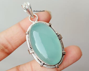 Handmade Aqua Chalcedony 925 Sterling Silver Boho Pendant