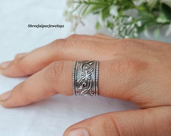 Oxidized Sterling Silver Floral Ring, Wide Boho Band