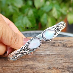 Handmade Rainbow Moonstone 925 Sterling Silver Bangle: Boho Hippie Jewelry