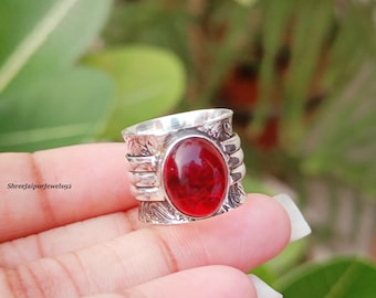 Red Garnet Statement Ring, 925 Sterling Silver Boho Band, Adjustable Gemstone Jewelry
