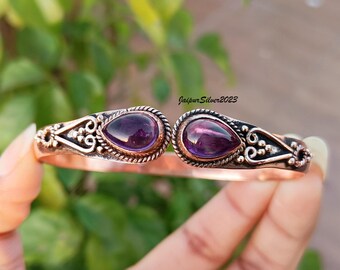 Handmade Solid Copper Amethyst Bangle: Adjustable Boho Cuff