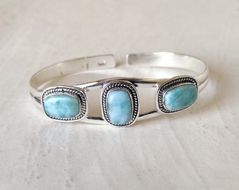 Bracelet manchette en larimar fait main : argent sterling 925, bijoux pour femme