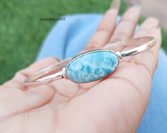 Handmade Larimar Bangle: 925 Sterling Silver Boho Jewelry