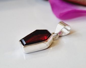 Handmade Sterling Silver Red Garnet Coffin Pendant Necklace