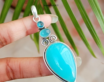 Aqua Chalcedony Pendant, 925 Silver Pendant, Handmade Pendant, Designer Pendant, Boho Pendant, Women Pendant, Gift For Her, Jewelry Necklace
