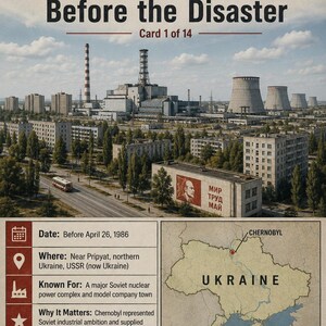 Könnte beinhalten: Eine historische Informationskarte mit dem Titel Chernobyl Before the Disaster, Card 1 of 14. Sie zeigt eine Landschaftsansicht des Kernkraftwerks Tschernobyl und Pripjat, eine Karte der Ukraine und Text zur Geschichte und Bedeutung des Ortes.