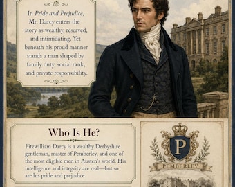 Karakterstudie van Fitzwilliam Darcy uit Pride and Prejudice. Printbare literatuurposters van Jane Austen. Digitale download.