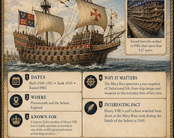 Geschiedeniskaarten van het oorlogsschip Mary Rose Tudor | Marine-educatie van Hendrik VIII (digitale download)