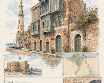 Reisdagboekkaarten Egypte, aquarelprints, Nijl, Rode Zee, Sinaï (digitale download)