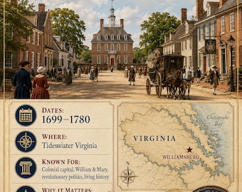 Printbare geschiedeniskaarten van Colonial Williamsburg | 12 educatieve kaarten over Virginia | Lesmateriaal voor thuisonderwijs over koloniaal Amerika en de Amerikaanse Revolutie