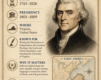 Thomas Jefferson, de derde president van de Verenigde Staten. Afdrukbare geschiedenisposters over de Amerikaanse geschiedenis (digitale download).