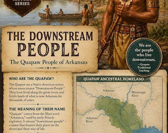 Quapaw-stam: De stroomafwaartse bevolking | Printbare informatie over de geschiedenis van de inheemse Amerikanen | Educatieve kaarten over de geschiedenis van de inheemse bevolking van Arkansas