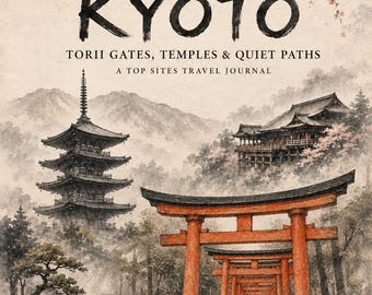 Kyoto reisdagboek, pagina's met Sumi-e aquareltekeningen, planner van Japanse tempels (digitale download)