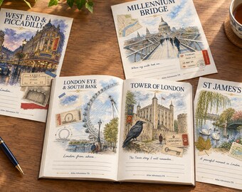 Printbaar reisdagboek voor Londen, aquarel kaarten met bezienswaardigheden, vakantieplanner voor het VK (digitale download)