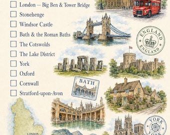 Printbare reisfotoalbums uit Engeland met Britse aquarelverf, Londense postzegels, tickets en journaling-kaarten (digitale download).