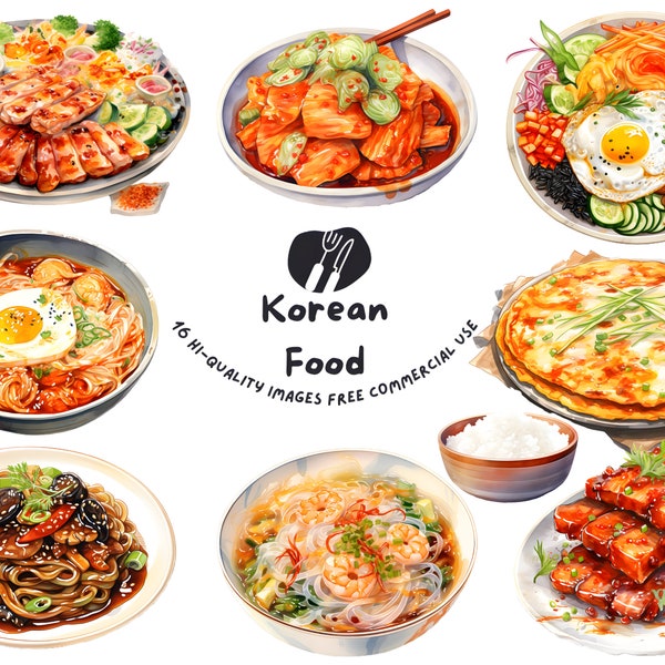watercolor Korean food clipart, kimchi clipart, korean dishes, Galbi, Korean BBQ, asian food clipart, Bibimbap, Kimbap, Bulgogi, brunch