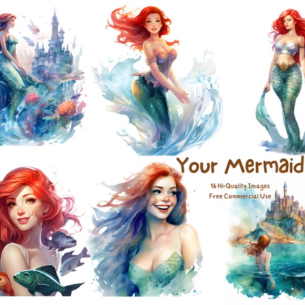 Watercolor Mermaid Clipart, The little mermaid, Mermaid illustration, ariel clipart, Under the sea png, underwater clipart