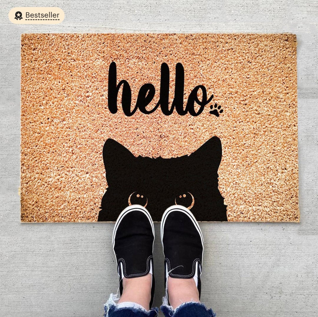 Black Kitty Cute Cat Peeking Doormat Doormat Funny Door Mat