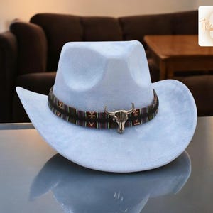 Western Style Cowboy Hat | Cow Head Accent Fedora | Wide Brim Suede Cap | Outdoor Sunlight Protection | Unisex Costume Accessory