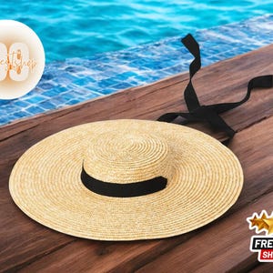 Zomerstrandhoed met lang lint | Strohoofddeksels dames met brede rand | Zonneklep met platte bovenkant | Accessoire damesuitloper