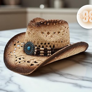 Cowboy Style Straw Hat | Bohemian Summer Headwear | Breathable Sun Cap | Stylish Outdoor Accessory | Lightweight Panama Look