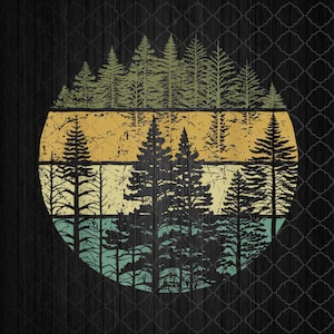May include: A vintage-style illustration of a forest with pine trees in a circle. The background is a distressed woodgrain pattern with a faded yellow, orange, and blue color scheme.