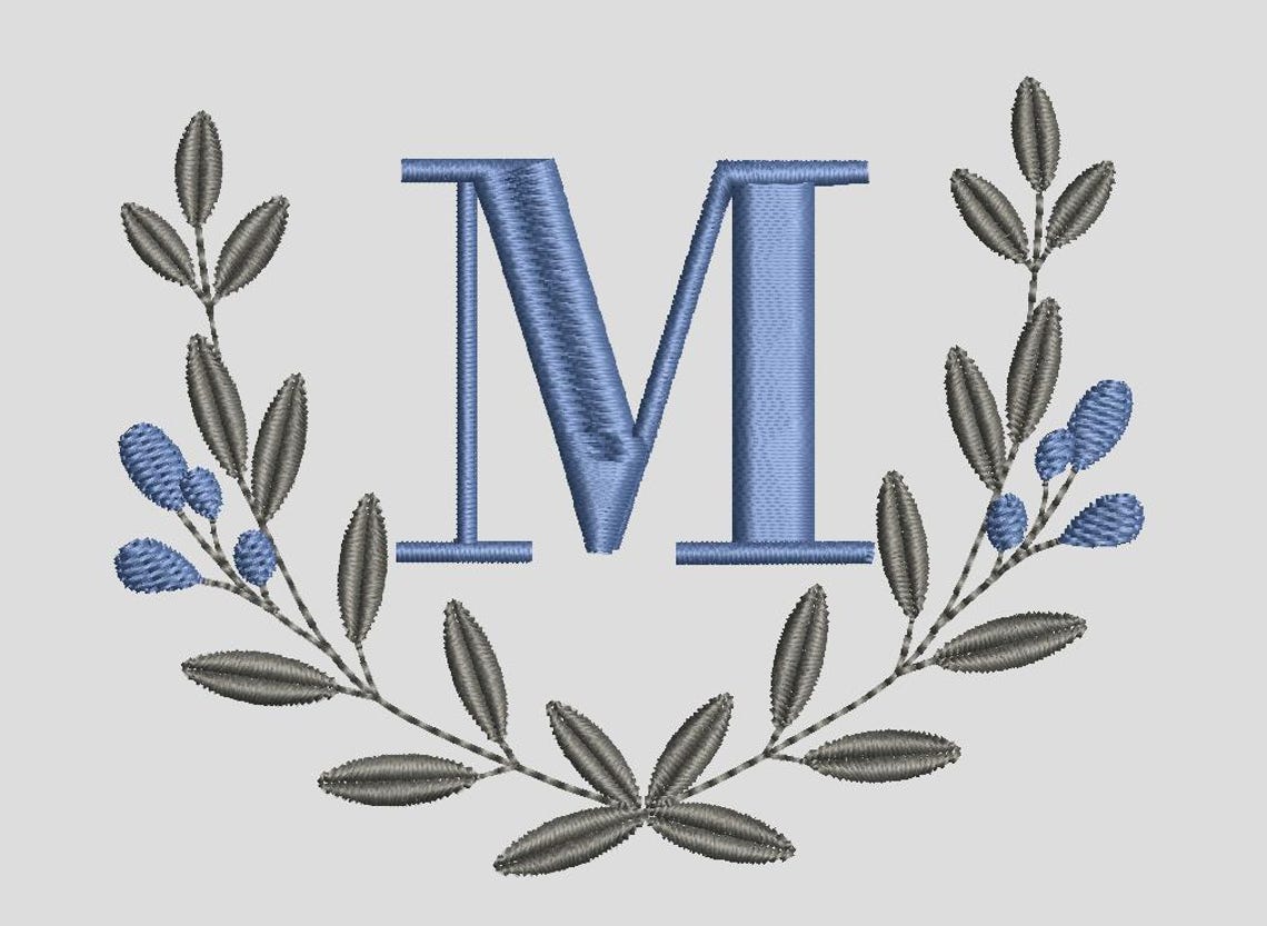 Floral Wreath Monogram M Embroidery Design, Leaf Initial PES DST JEF ...